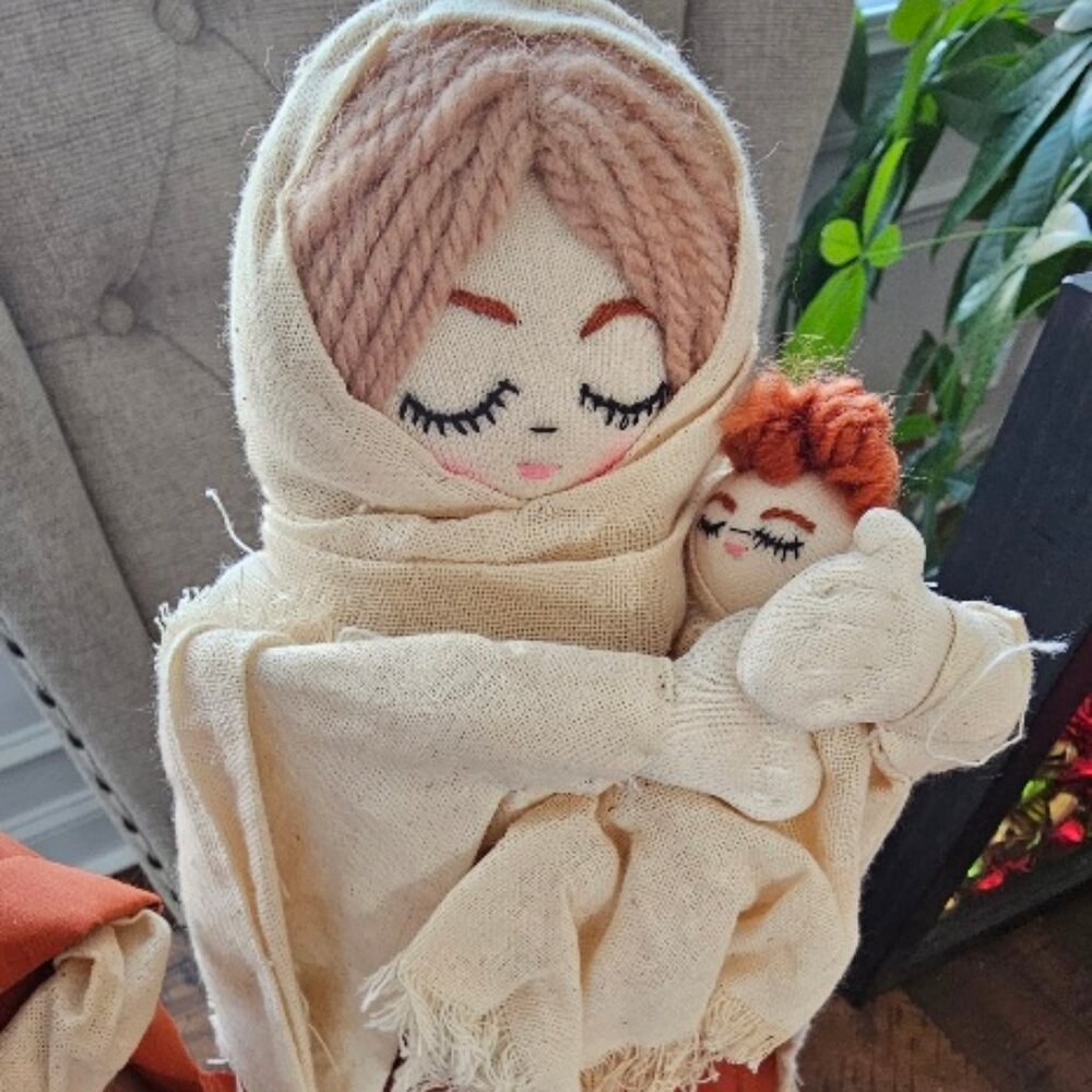 Handmade Nativity Joseph and Mary Holding Baby Jesus Cloth Figurines - Picture 3 of 4